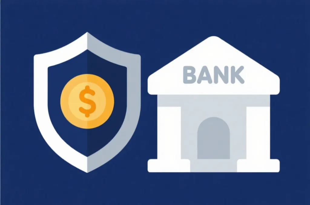安全盾牌与银行图标，象征资金安全和风控