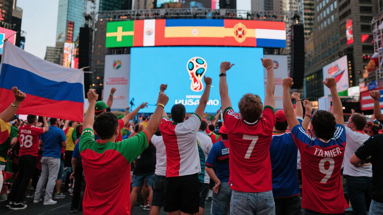 球迷在城市球迷广场观看2026年世界杯大屏直播并欢呼的场景